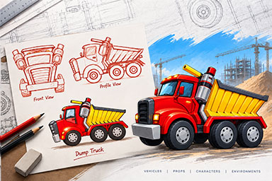 2D game art and concept art showing vehicle sketches and final dump truck design