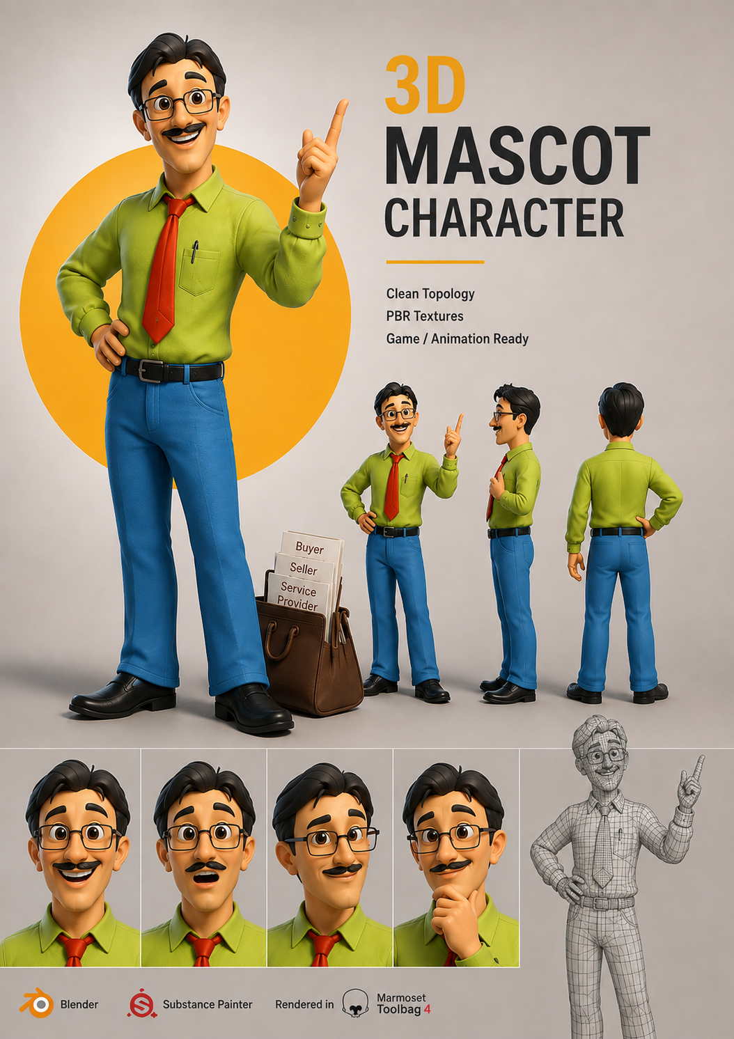 3D business mascot character with green shirt, red tie, blue trousers and brown document bag